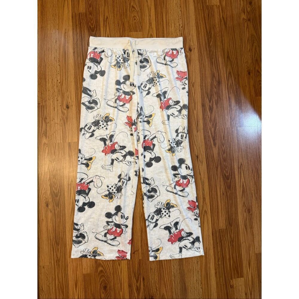 Disney Women's Mickey Mouse Fleece Drawstring Pajama Pants Cream Black Sz Large